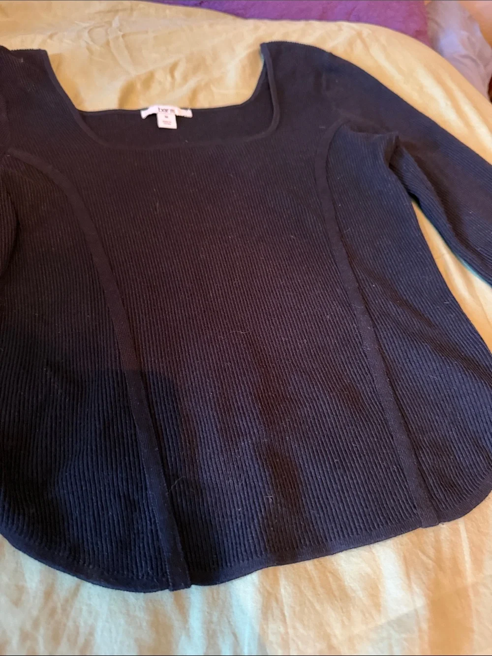 bar III Black Ribbed Scoop-Neck Long-Sleeve Crop Top